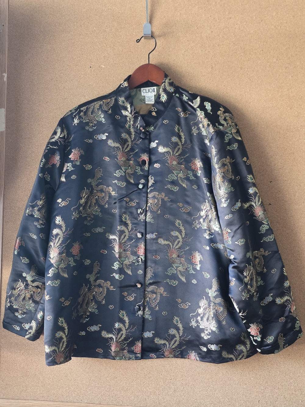 CLIO II Black Embroidered Dragon Satin Jacket Asian Brocade 2X Button Up